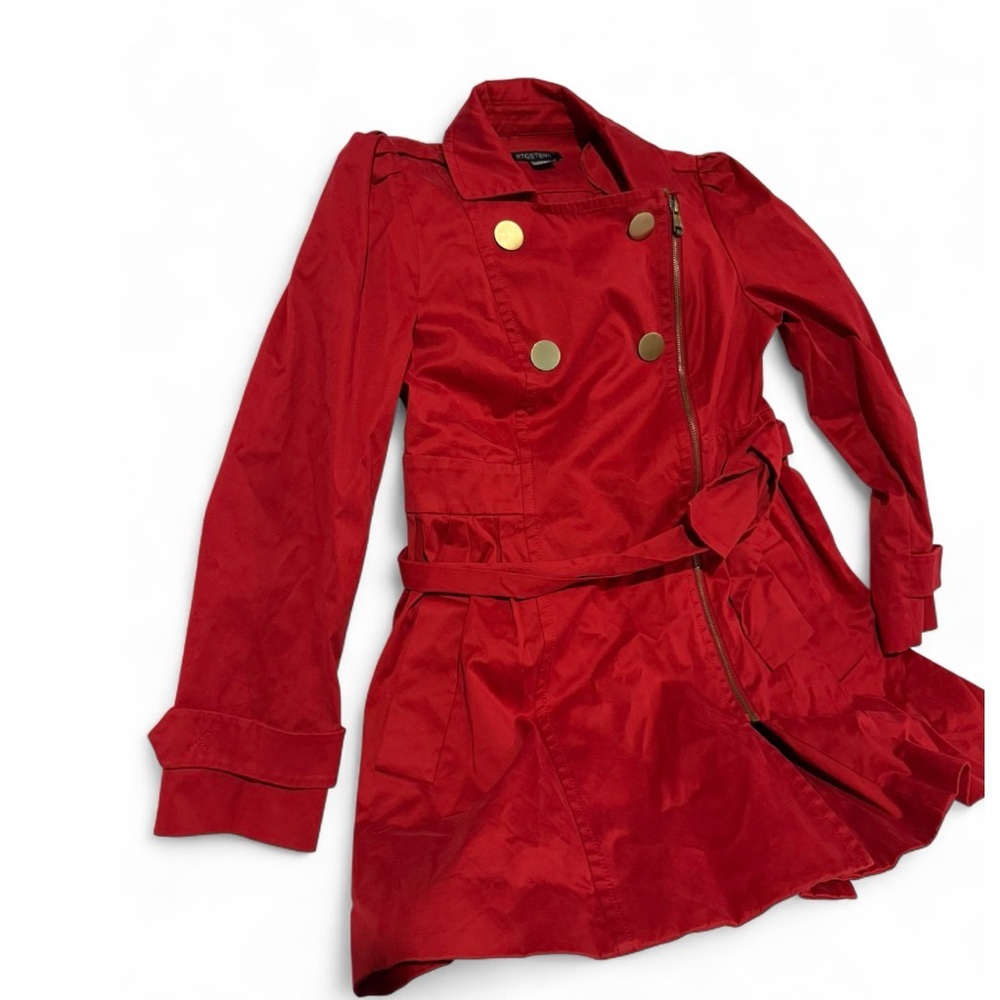 Stylish Red Trench Coat with Gold Buttons